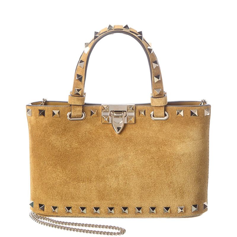 Valentino Rockstud Mini Suede Tote, Beige